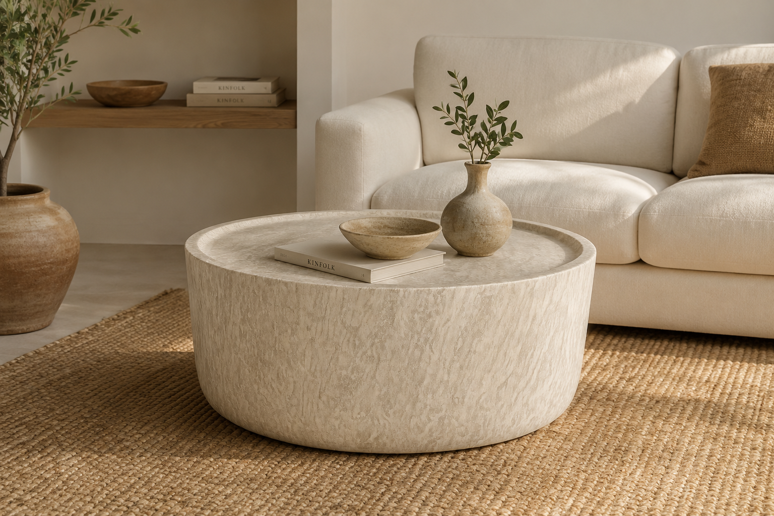 TAVOLINO ROTONDO IN MARMO TRAVERTINO ROMANO Ø90 cm
